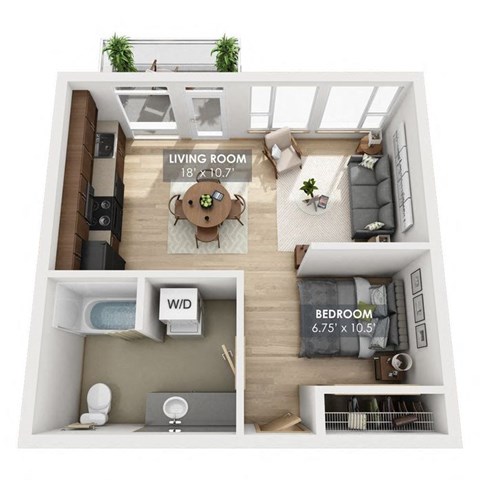 Floor plan for 1 bed, 1 bath, 517 sqft