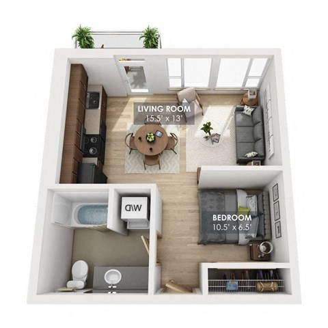 Floor plan for 1 bed, 1 bath, 453 sqft