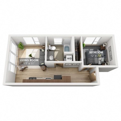 Floor plan for 1 bed, 1 bath, 515 sqft