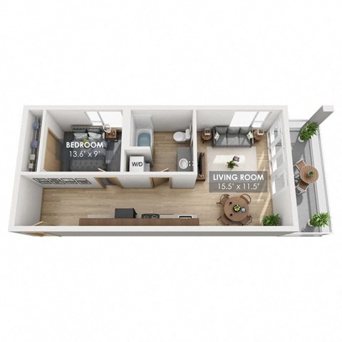 Floor plan for 1 bed, 1 bath, 555 sqft