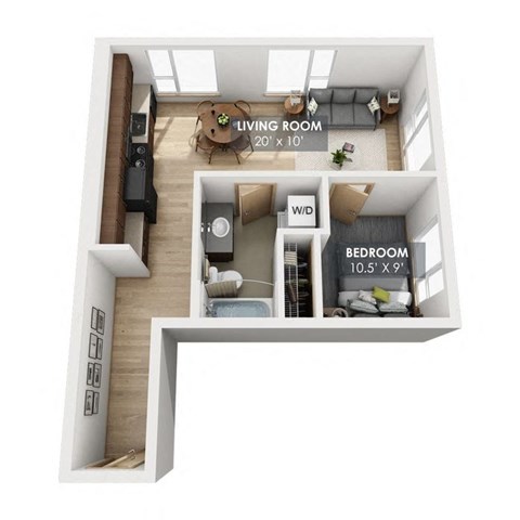 Floor plan for 1 bed, 1 bath, 555 sqft