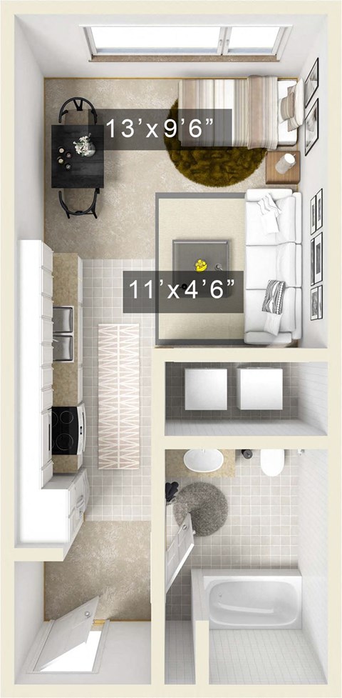 Floor plan for studio, 1 bath, 410 sqft