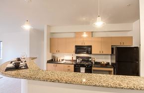 Sammamish apartment for rent - a kitchen with a granite counter top and a black refrigerator
