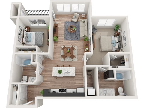 Floor plan for 2 beds, 2 baths, 1049 sqft