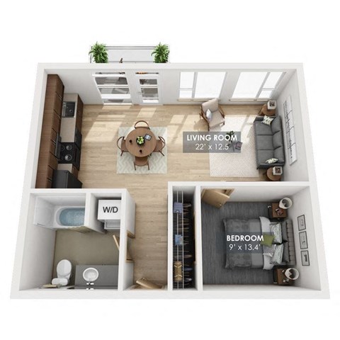 Floor plan for 1 bed, 1 bath, 595 sqft