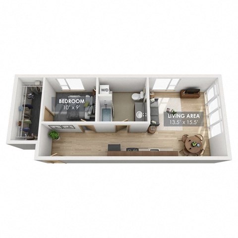 Floor plan for 1 bed, 1 bath, 667 sqft