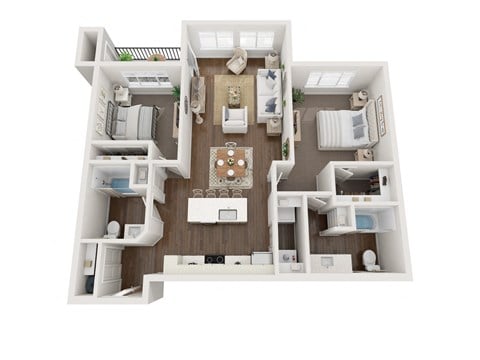 Floor plan for 2 beds, 2 baths, 1049 sqft