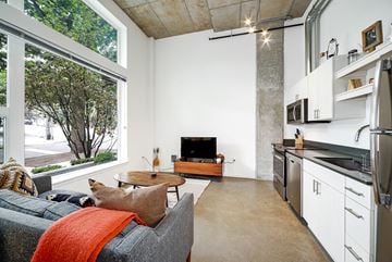 Seattle apartment for rent - A living room with a grey couch and a fireplace.