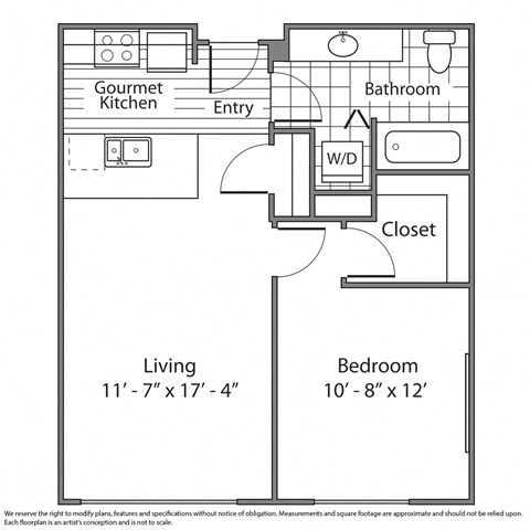 Floor plan for 1 bed, 1 bath, 668 sqft