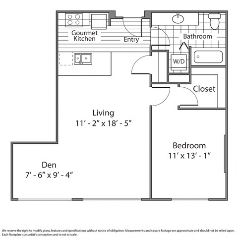Floor plan for 1 bed, 1 bath, 805 sqft