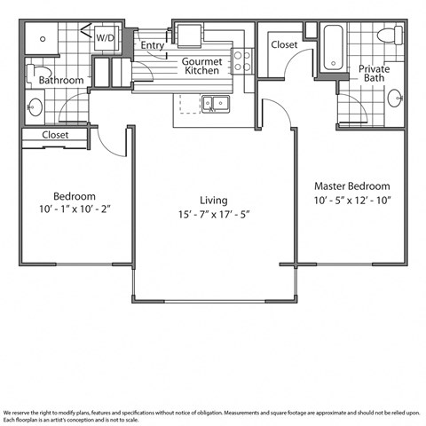 Floor plan for 2 beds, 2 baths, 1000 sqft