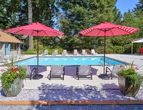 Tacoma apartment for rent - a swimming pool with pink umbrellas and chairs around it