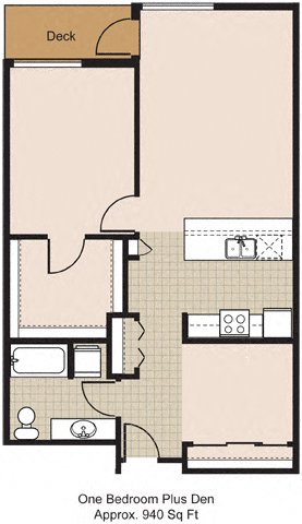 Floor plan for 1 bed, 1 bath, 940 sqft