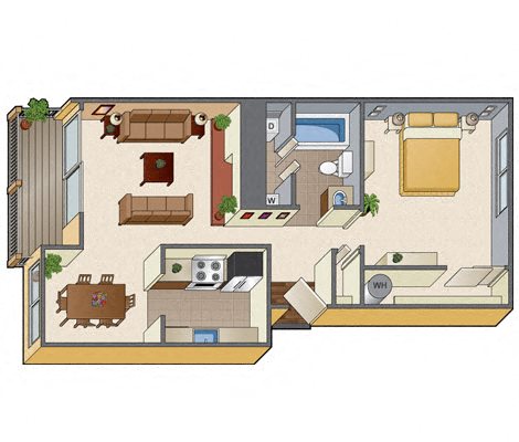 Floor plan for 1 bed, 1 bath, 670 sqft