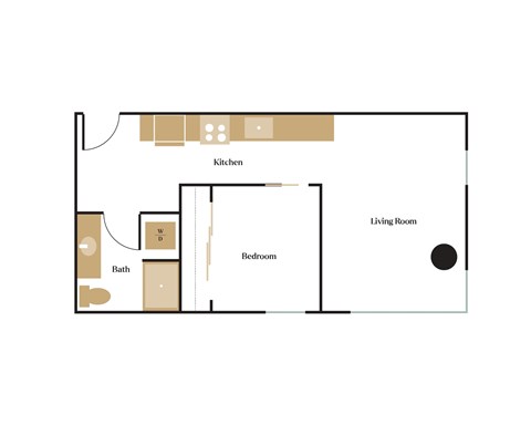 Floor plan for 1 bed, 1 bath, 592 sqft