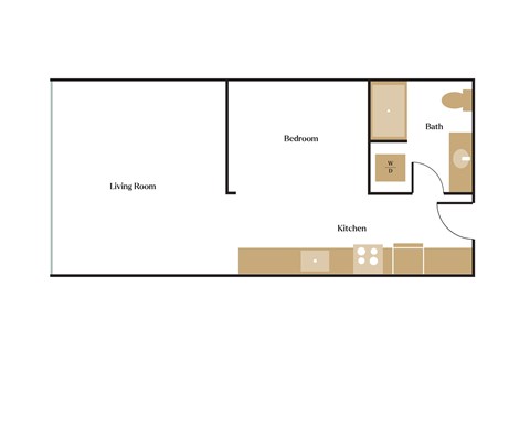 Floor plan for 1 bed, 1 bath, 587 sqft