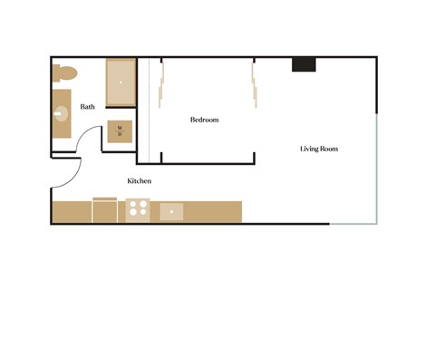 Floor plan for 1 bed, 1 bath, 577 sqft