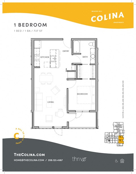 Floor plan for 1 bed, 1 bath, 737 sqft