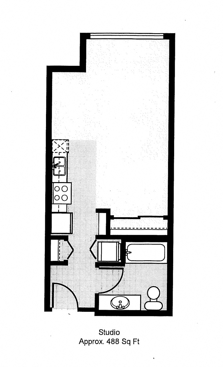 Floor plan for studio, 1 bath, 566 sqft
