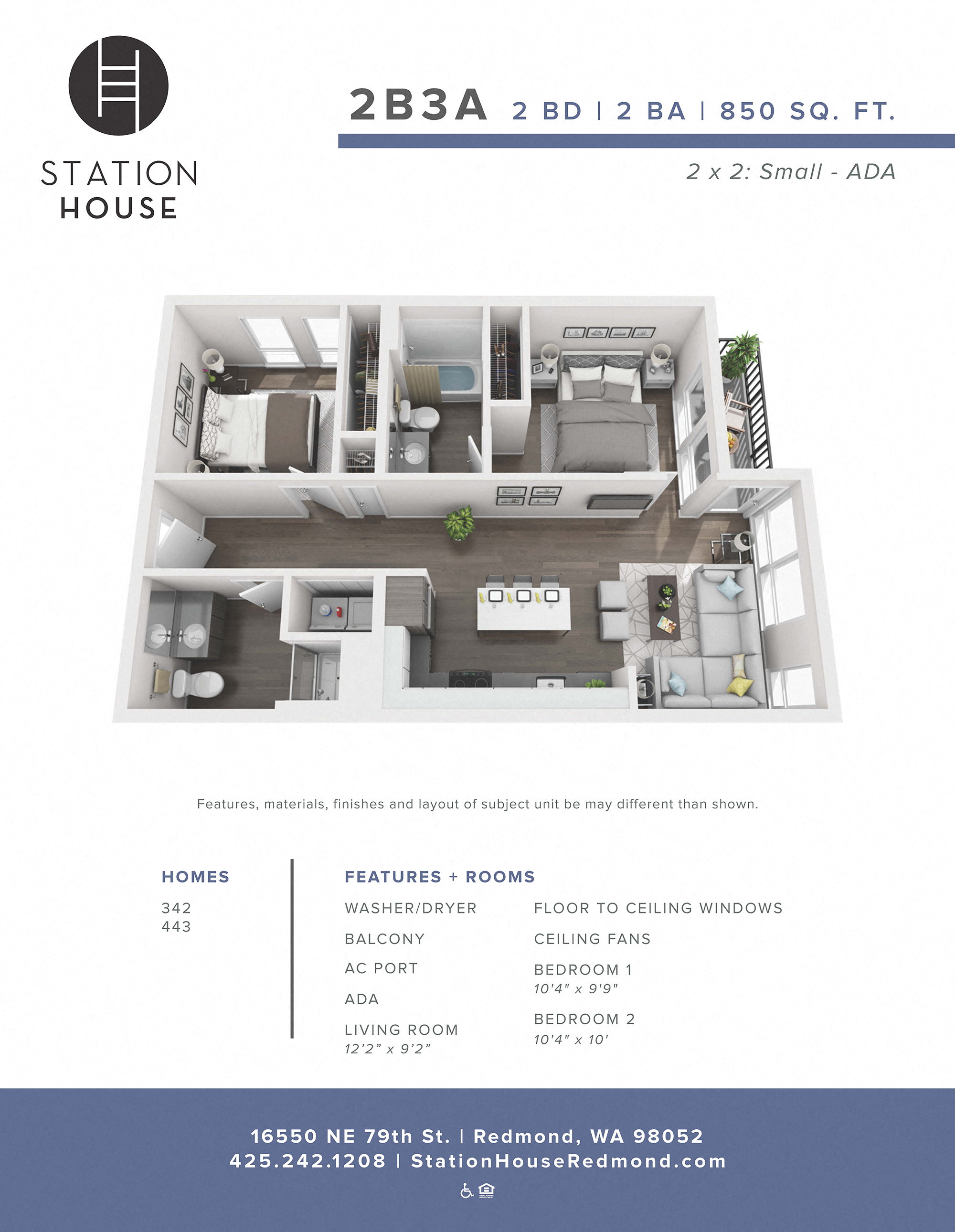 Floor plan for 2 beds, 2 baths, 850 sqft