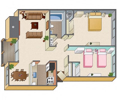 Floor plan for 2 beds, 1 bath, 804 sqft