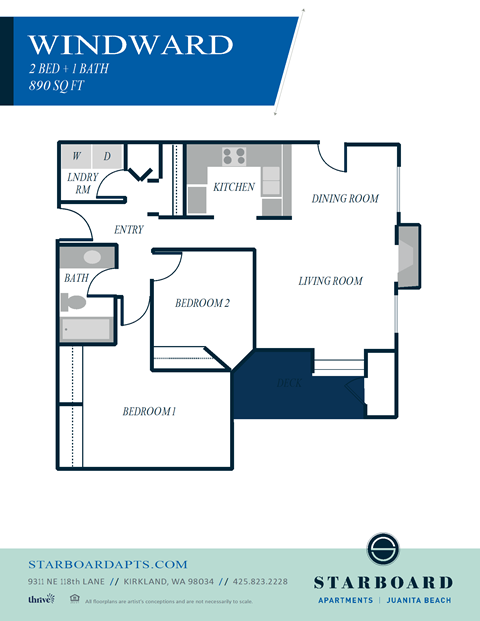 Floor plan for 2 beds, 1 bath, 890 sqft