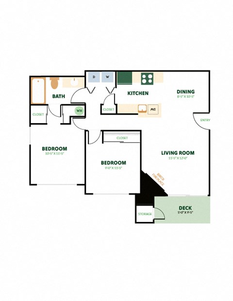 Floor plan for 2 beds, 1 bath, 884 sqft