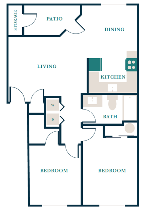 Floor plan for 2 beds, 1 bath, 901 sqft