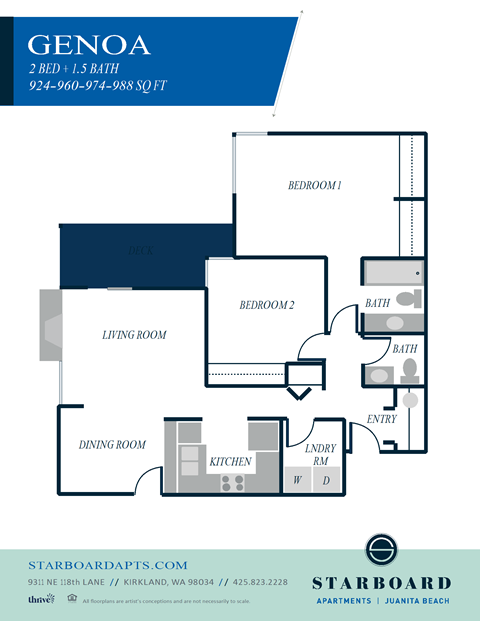 Floor plan for 2 beds, 1.5 baths, 988 sqft
