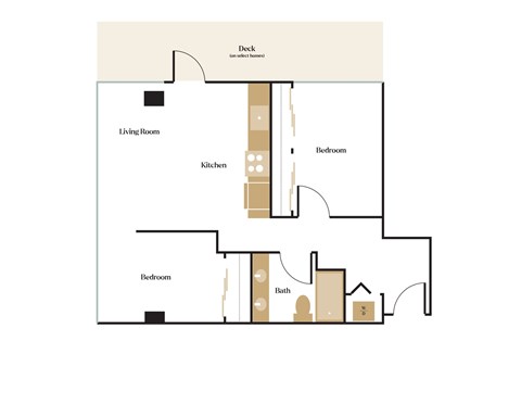 Floor plan for 2 beds, 1 bath, 940 sqft