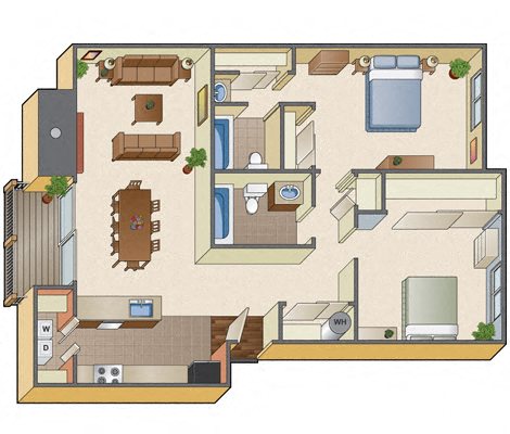 Floor plan for 2 beds, 2 baths, 905 sqft