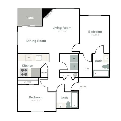 Floor plan for 2 beds, 2 baths, 1055 sqft