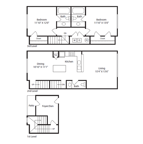 Floor plan for 2 beds, 2.5 baths, 1393 sqft