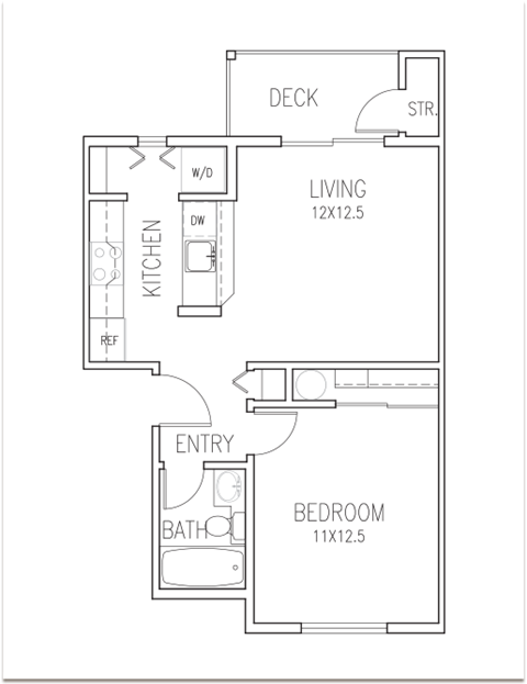 Floor plan for 1 bed, 1 bath, 535 sqft