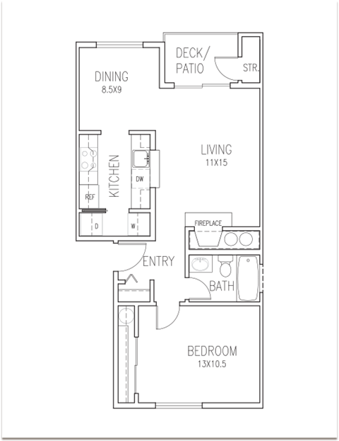 Floor plan for 1 bed, 1 bath, 668 sqft