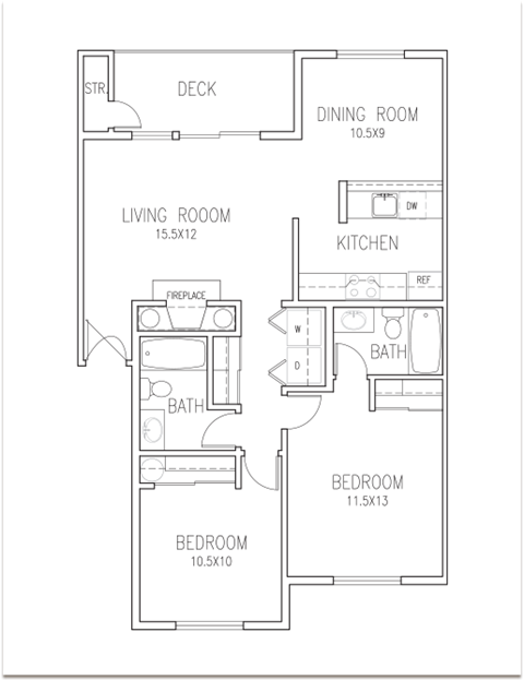 Floor plan for 2 beds, 2 baths, 958 sqft