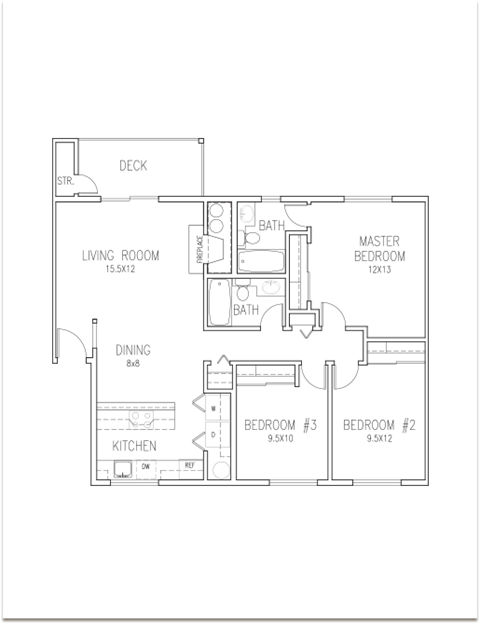 Floor plan for 3 beds, 2 baths, 1117 sqft