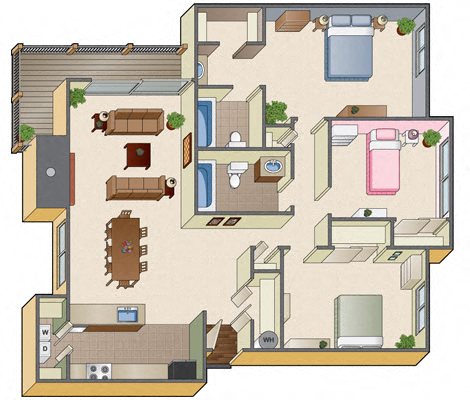 Floor plan for 3 beds, 2 baths, 1165 sqft