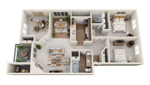 Floor plan for 3 beds, 2 baths, 1208 sqft