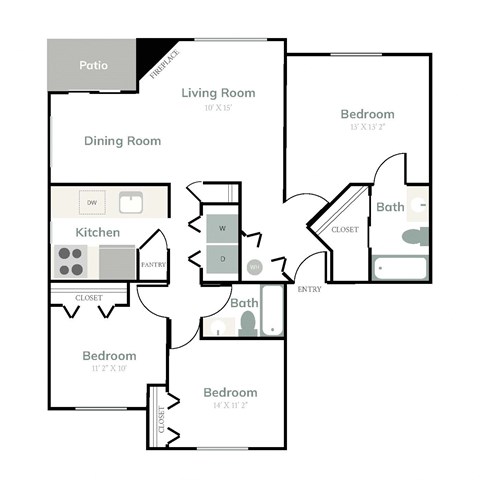 Floor plan for 3 beds, 2 baths, 1213 sqft