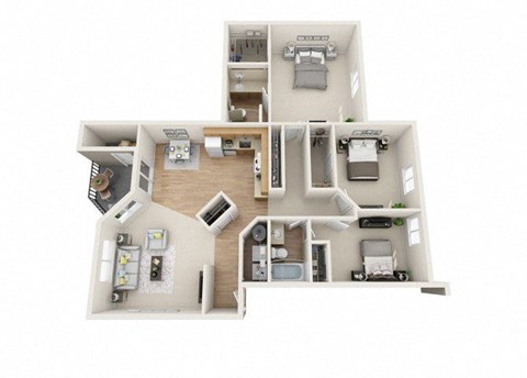 Floor plan for 3 beds, 2 baths, 1300 sqft