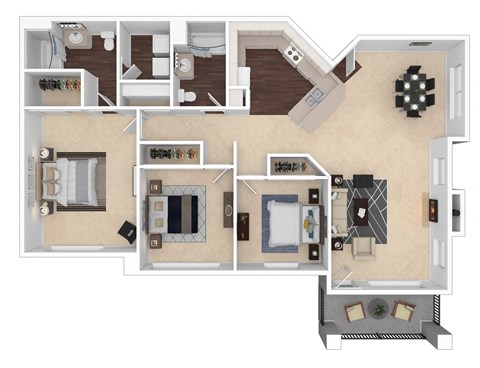 Floor plan for 3 beds, 2 baths, 1279 sqft