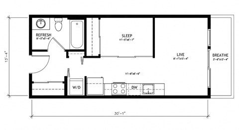 Floor plan for 1 bed, 1 bath, 472 sqft