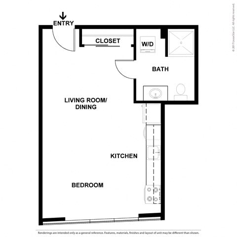 Floor plan for studio, 1 bath, 383 sqft