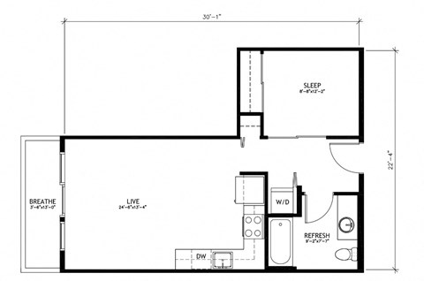 Floor plan for 1 bed, 1 bath, 611 sqft