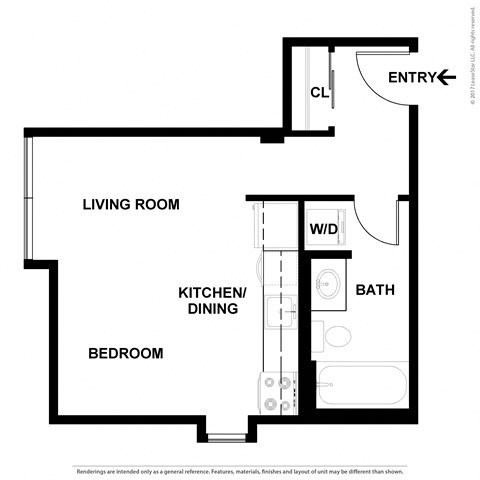 Floor plan for studio, 1 bath, 384 sqft
