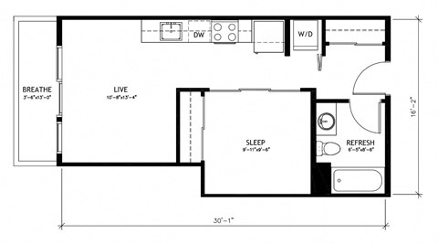 Floor plan for 1 bed, 1 bath, 529 sqft