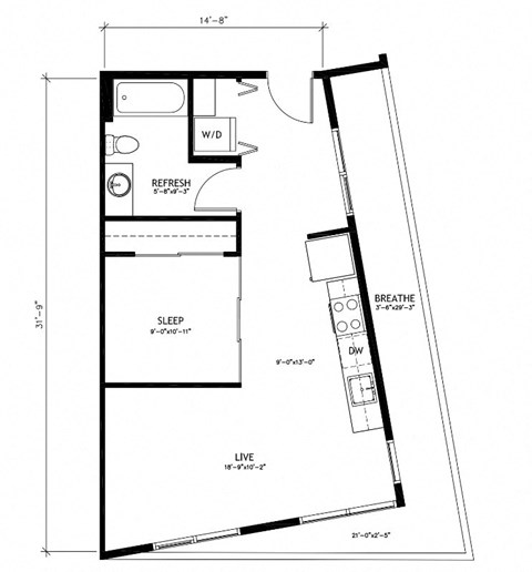 Floor plan for 1 bed, 1 bath, 567 sqft