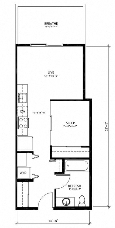 Floor plan for 1 bed, 1 bath, 505 sqft
