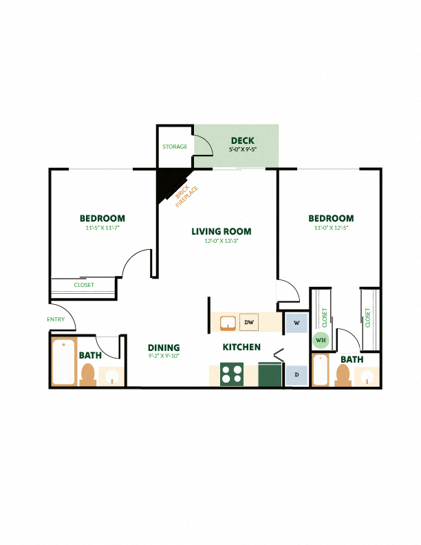 Floor plan for 2 beds, 2 baths, 908 sqft